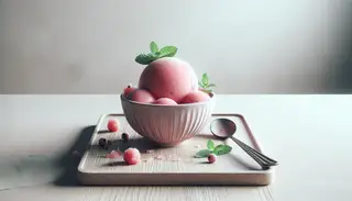 Image of vegan watermelon gelato in a light-colored bowl, accented with fresh peppermint, on a simple white or timber table, with a sleek spoon nearby.