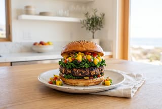 The Coastline Njahi & Berbere Burger A gourmet vegan bean burger with mango salsa and green kale on a toasted bun, served on a clean wooden table in soft natural light.