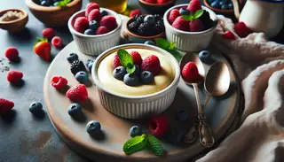Create a visually appealing and enticing image of a mild dessert table filled with a variety of vegan treats. The star attraction at the center of the table is a mild vegan dessert served in individual bowls or ramekins, offering a glimpse of its creamy texture and appetizing appearance. The dessert is chilled perfectly, promising a refreshing and velvety experience. The table is also adorned with fresh, vibrant berries that contrast beautifully with the dessert, enhancing its natural sweetness. This image should emphasize the simplicity and elegance of the dessert, with no distractions from text or humans.