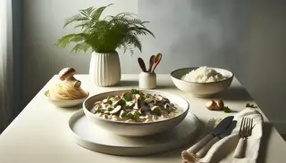 Minimalist dining table with vegan Mushroom Tofu Stroganoff in a white bowl, garnished with parsley, alongside pasta or rice on a plate, in soft natural light.