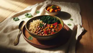 Vegan Peanut Stew with millet in an earth-colored bowl, accompanied by steamed greens, on a wooden table under soft natural light.
