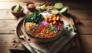 Vegan African street food bowl on a wooden table, featuring millet, red lentil stew, sweet potatoes, collard greens, with peanut, onion, cilantro garnish, and lime.
