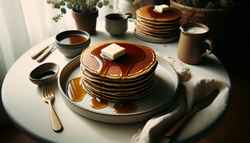 A stack of fluffy vegan pancakes drizzled with maple syrup, adorned with melting vegan butter in a serene breakfast setting.