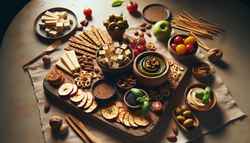 Vegan charcuterie-style dish on a rustic wooden board with tofu, vegan cheese, nuts, pesto, breadsticks, tomatoes, olives, hummus, and basil on a simple table.