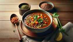 Vegan miso lentil soup in an elegant bowl on a wood table, with carrots, celery, and herbs, accompanied by a lemon wedge.