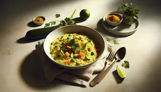 Vegan Coconut Curry Risotto in a white bowl on a minimalist table, bright with diced vegetables and garnished with cilantro and lime.