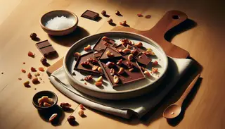 Vegan candied nut chocolate bark on a simple plate, with natural lighting enhancing its glossy texture.