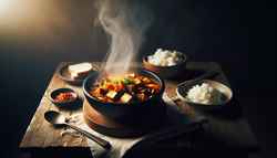 Steaming bowl of vegan kimchi stew with tofu and mushrooms on a rustic table, accompanied by rice and bread. Warm lighting enhances the cozy atmosphere.