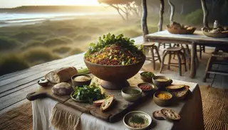 Image of a serene natural setting with a simple salty buffet. A vibrant 'Savory African Grain Bowl' is the centerpiece, surrounded by bowls of cilantro and rustic bread, all in soft natural light.