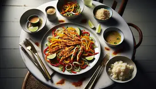 Minimalist vegan dinner table featuring crispy smoky vegan 'chicken' with colorful veggies and ginger lime dressing, alongside a bowl of rice under soft, natural light.