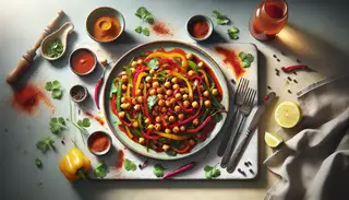 A vibrant vegan spicy dish with bell peppers, chickpeas, sriracha, smoked paprika, cayenne, and cilantro on a clean table.