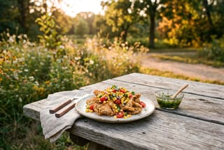 Masa-Crusted Golden Oyster Mushrooms with Charred Corn & Heirloom Salsa Golden-brown masa-crusted oyster mushrooms on a ceramic plate with charred corn salsa on a sunlit wooden picnic table.