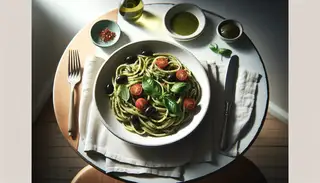 Image of vegan Thai basil pesto pasta with cherry tomatoes, black olives, and red pepper flakes on a white plate, set on a wooden table with a fork and napkin.