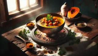 A bowl of creamy, steaming soup filled with vibrant vegetables and aromatic spices, adorned with a sprig of fresh parsley, on a rustic wooden table.