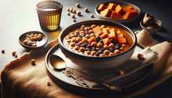 A vibrant, plant-based African-inspired Sticky Soup with chickpeas, sweet potatoes, and creamy peanut butter broth on a minimalist table setting.