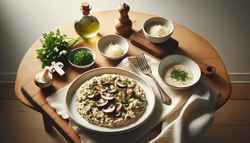 Elegant vegan mushroom risotto on a white plate, with a side of chopped parsley and vegan parmesan, on a light wooden table under soft lighting.