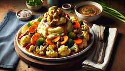 Vegan dinner setting with fluffy mashed potatoes and roasted veggies under mushroom gravy, on a rustic table in natural light.