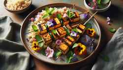 Grilled tofu skewers marinated and garnished with mint, featuring edible flowers like rose and lavender, served with quinoa or greens.