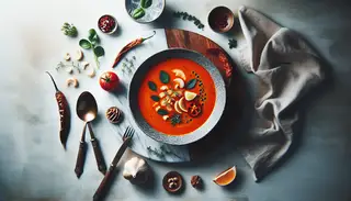 Vibrant vegan spicy soup as a centerpiece on a sleek table setting, inviting with rich colors and enticing textures, evoking comfort and indulgence.
