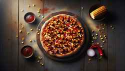 Minimalist rustic wooden table setting with a vibrant Smoky Barbecue Jackfruit Pizza, featuring red bell pepper, red onion, and golden corn, with melted vegan mozzarella.