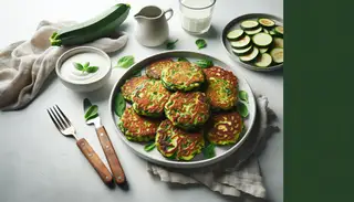 Delicious vegan zucchini fritters on a minimalistic table, showcasing their crispy texture and vibrant green color. A mouthwatering vegan treat!