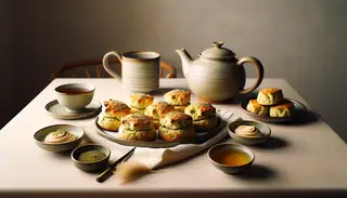 Elegant high tea setting with golden brown vegan scones infused with matcha and lemon zest, served with vegan spreads and a classic teapot with tea cup, highlighted by natural lighting.