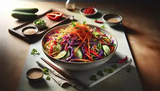 Photo of an Asian-inspired salad in an elegant dish, with purple cabbage, carrots, bell peppers, cucumber, cilantro, and sesame seeds, on a minimalist table.