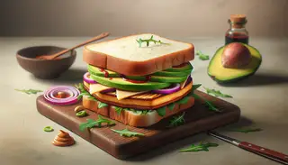 Photorealistic image of a gourmet vegan sandwich with smoked seitan, vegan Gouda, avocado, red onion, arugula, and spicy sauces on a simple table.