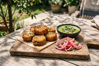 Crispy Masa-Crusted King Oyster Medallions with Charred Poblano Crema Crispy golden masa-crusted mushrooms on a wooden board with green poblano crema and pickled onions on a sunlit table.
