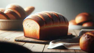 A golden-brown loaf of bread sits on a clean table, its crust crisp and interior fluffy, evoking warmth and freshness.