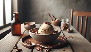 Vegan smoked maple-pecan ice cream in a refined bowl on a wooden table, with a spoon beside it, and a blurred background.