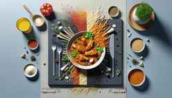 Vibrant, savory sauce in elegant dish on clean, minimalist table setting, showcasing rich color and inviting texture.