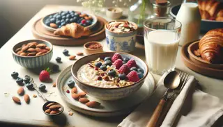 European-inspired breakfast scene: Bowl of creamy oatmeal with fresh berries and nuts, glass of almond milk. Serene, natural aesthetic.