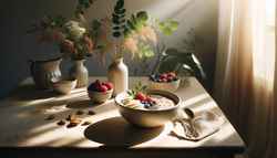 A beautifully presented vegan breakfast bowl filled with creamy rolled oats, almond milk, mashed banana, chia seeds, maple syrup, fresh berries, and sliced almonds.