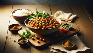 Image of vegan Ethiopian chickpea stew in a bowl, with cilantro, spices, side of basmati rice, and injera on a wooden table in natural light.