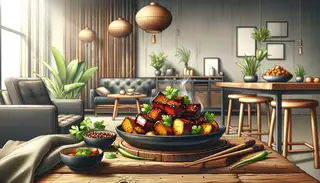 A smoky, glazed jackfruit dish garnished with cilantro on a rustic wooden table, in a minimalistic setting emphasizing the vibrant colors.