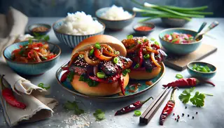 Image of a vibrant Asian-American BBQ fusion dish featuring caramelized seitan, onions, and red bell peppers, topped with green onions, cilantro, and sesame seeds, served with rice in a minimalistic setting.