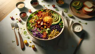 Image of a vibrant Southern BBQ Salad Bowl on a minimalist table, featuring layers of greens, veggies, barbecued jackfruit, and vegan toppings, with natural lighting.