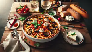 A picture portraying a rustic dinner table setting. The main course in a large, white ceramic bowl resting on a wooden table, it's Vegan Pasta alla Norma. The spaghetti is layered in a vibrant tomato sauce, with chunks of golden roasted eggplant scattered throughout. Generous dollops of homemade vegan ricotta cheese and fresh chopped basil are scattered on top, with sprinkles of chili flakes adding a spicy touch. The table is also adorned with a wine glass filled with sparkling water, a basket of warm, freshly baked bread, and a small dish containing extra vegan ricotta cheese. The table setting exudes a warm, inviting ambiance, hinting at a luxurious dining experience ready to be savored and enjoyed.