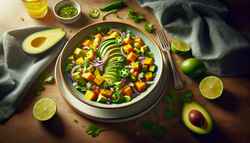 Image of a fresh Avocado & Mango Salad for one, with ripe avocado slices, cubed mango, red onion, cilantro, and jalapeño, all dressed in a citrus lime and orange dressing, on a simple table enhancing the vivid colors.