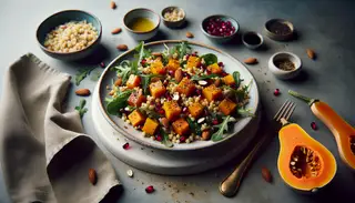 Elegant vegan salad featuring caramelized butternut squash, fluffy sorghum, pomegranate seeds, roasted almonds, arugula, and a balsamic-maple drizzle.