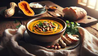 Image of a creamy African Peanut Soup in a ceramic bowl on a wooden table, garnished with cilantro and peanuts, with bread or rice beside it, in natural light.
