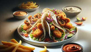 Image of 'Crispy Vegan Asian Fusion Festival Special' featuring golden-battered king oyster mushrooms on vegan tortillas, garnished with bell peppers, red cabbage, and spicy mayo on a minimalist table.