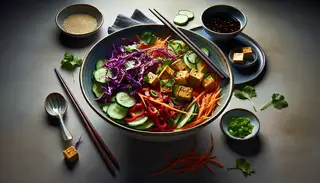 Asian-inspired vegan salad in a bowl with purple cabbage, cucumbers, carrots, red bell peppers, tofu, and sesame seeds, with chopsticks and dressing on the side.