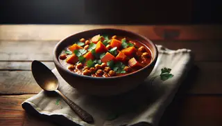 Rustic clay bowl of vibrant African spiced stew with sweet potatoes, chickpeas, and tomatoes, garnished with cilantro on a dark wooden table, beside a spoon on a linen napkin.
