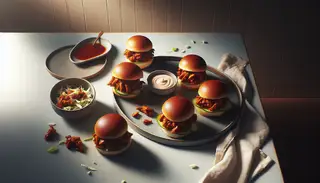 Image of vegan BBQ pulled jackfruit sliders on a minimalist table. Sliders with visible jackfruit and vegan coleslaw on a simple plate, accompanied by a bowl of BBQ sauce.