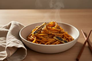 Smoked Miso and Gochujang Peppery Pasta Smoky miso and gochujang pasta with wood-fired charred scallions and sesame in a cream stoneware bowl on an oak table in golden light.