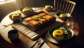 Image of a dinner table featuring Vegan Bobotie in a baking dish, alongside yellow rice and fresh salad. Warm, inviting lighting highlights the vibrant colors.