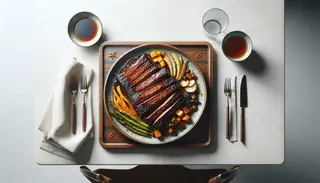 Image of a minimalist dining table with a gleaming, Asian vegan brisket as the centerpiece on a clean, uncluttered background.