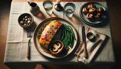Image of a simple, elegant dinner table with a Vegan Mushroom Wellington, garnished with sesame seeds and displayed with a lentil and mushroom filling. Accompanied by steamed green beans and a glass of water, all under cozy lighting.